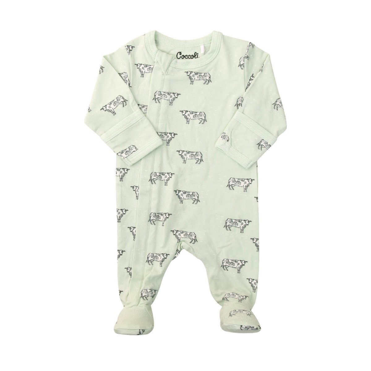 Modal Zipper Footie - Green Cows Print