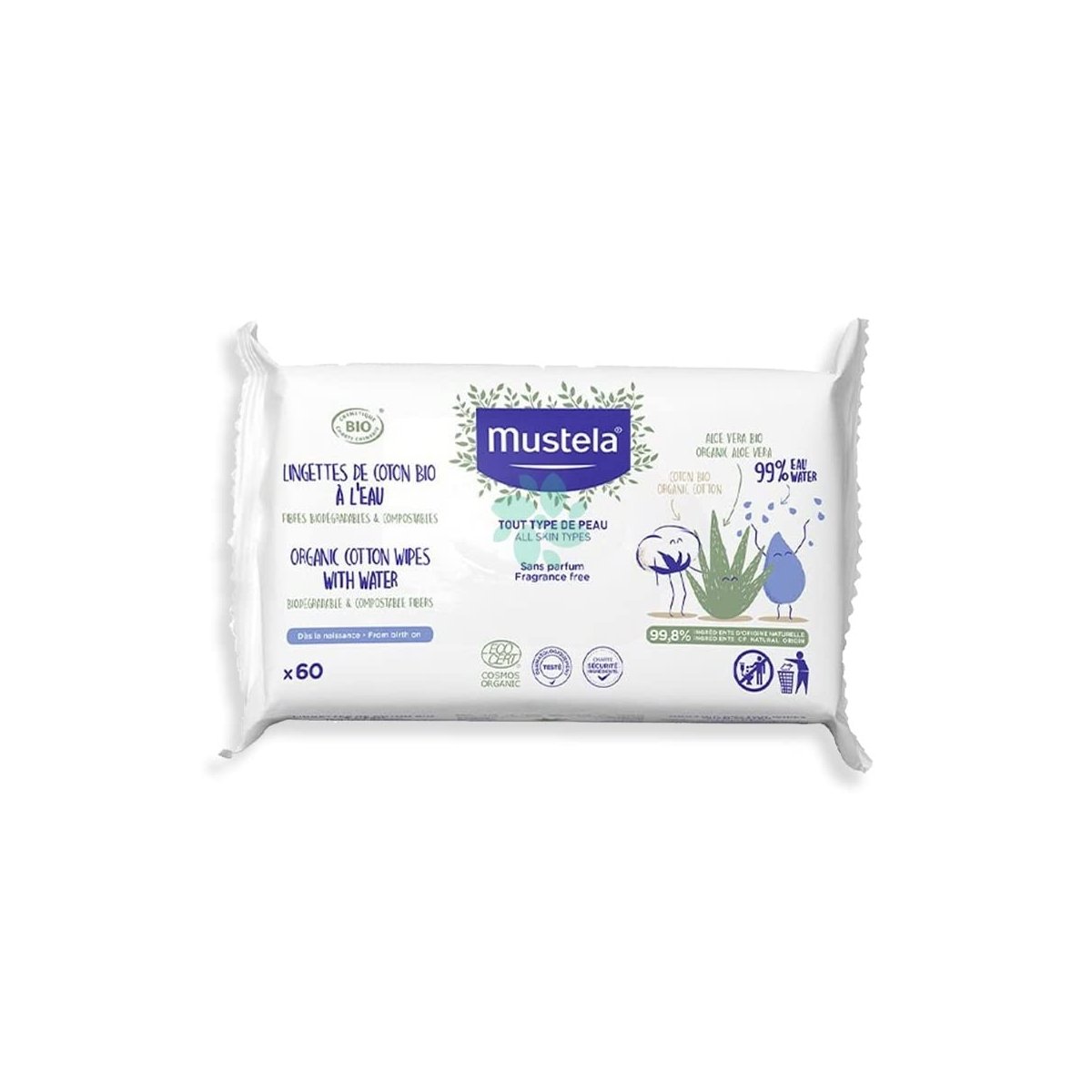 Organic Cotton Wipes with Water 60ct