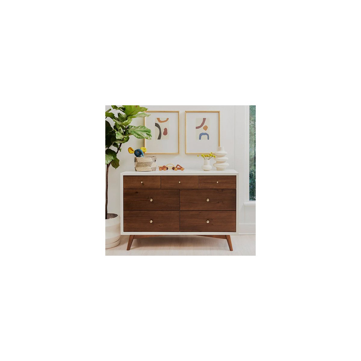 Palma 7 Drawer Double Dresser - Warm White With Natural Walnut